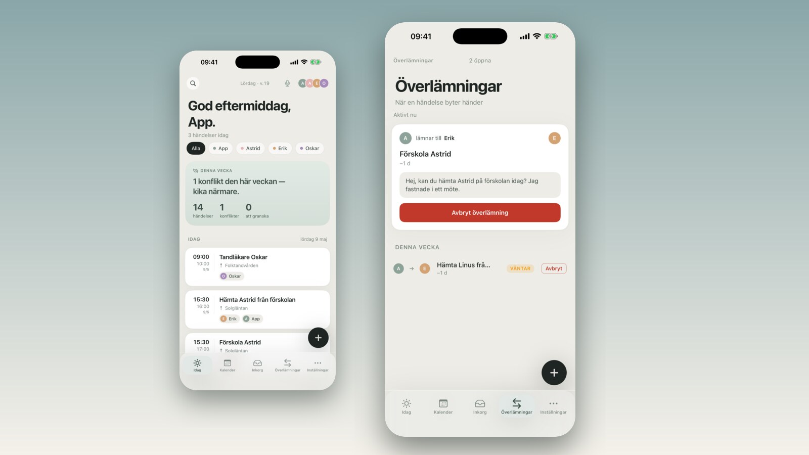 Skærmbillede af iMessage-tråd med færdigskrevet tekst for en FamilyBoard-overlevering